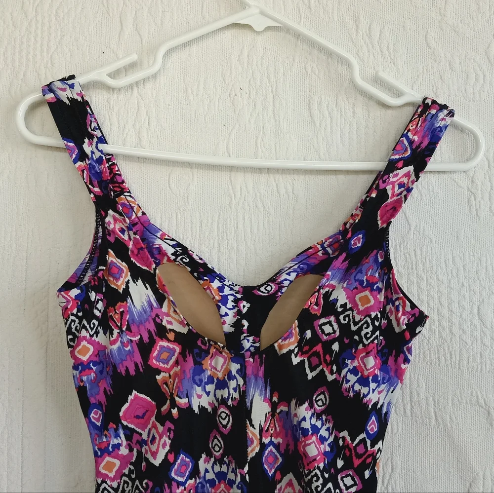 Maxine of Hollywood Purple Tribal Print Swimsuit Tummy Control Ruched Padded Cup - Picture 11 of 16
